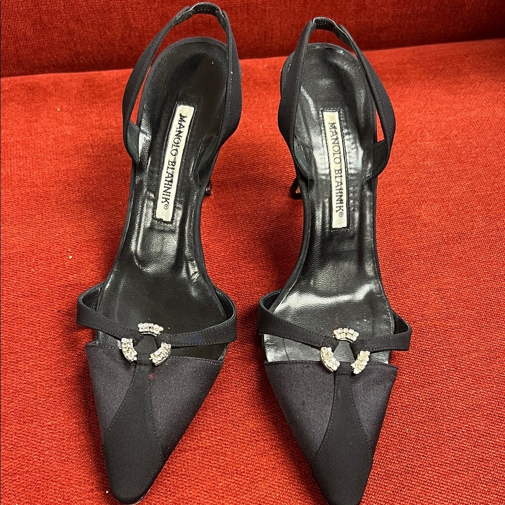 Manolo Blahnik Black Satin Embellished Heels size 36.5